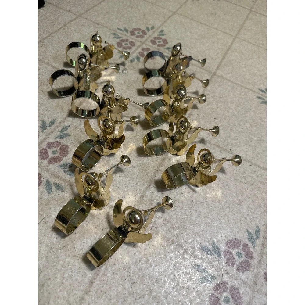 Vintage Gold Angel Napkin Rings Set of 11 Herald Trumpet Christmas Table Decor